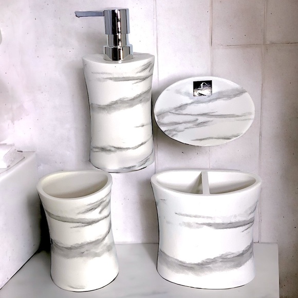 Todays Living Marble Elite Bath Accessory Set Lux White Grey Resin 4 Piece Set - Picture 14 of 15